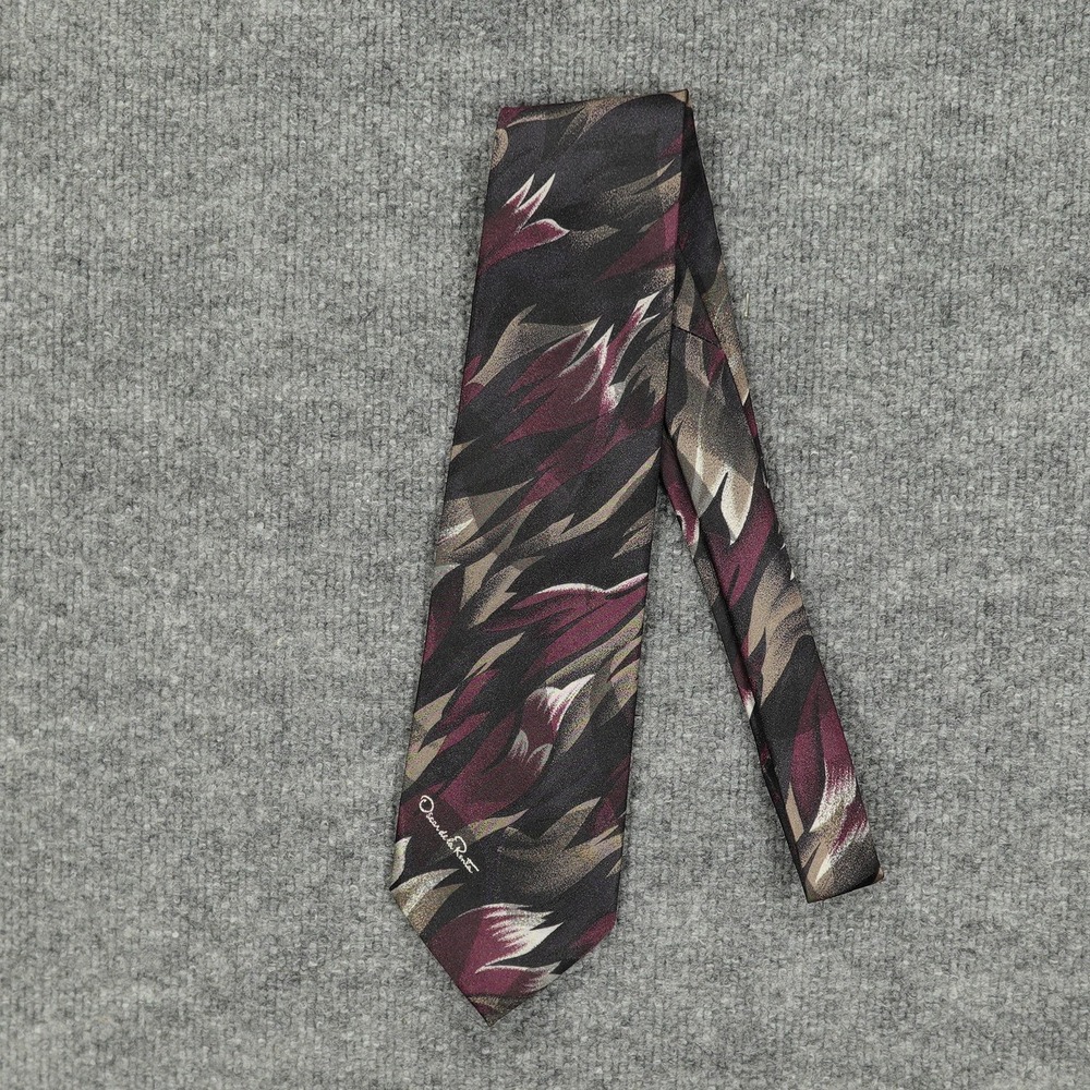 Vintage Oscar De La Renta Tie Mens One Size Burgundy Geometric Necktie USA 90s
